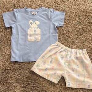 Kids Blue Bunny Pocket Tee & Pastel Egg-Print Shorts Matching Set